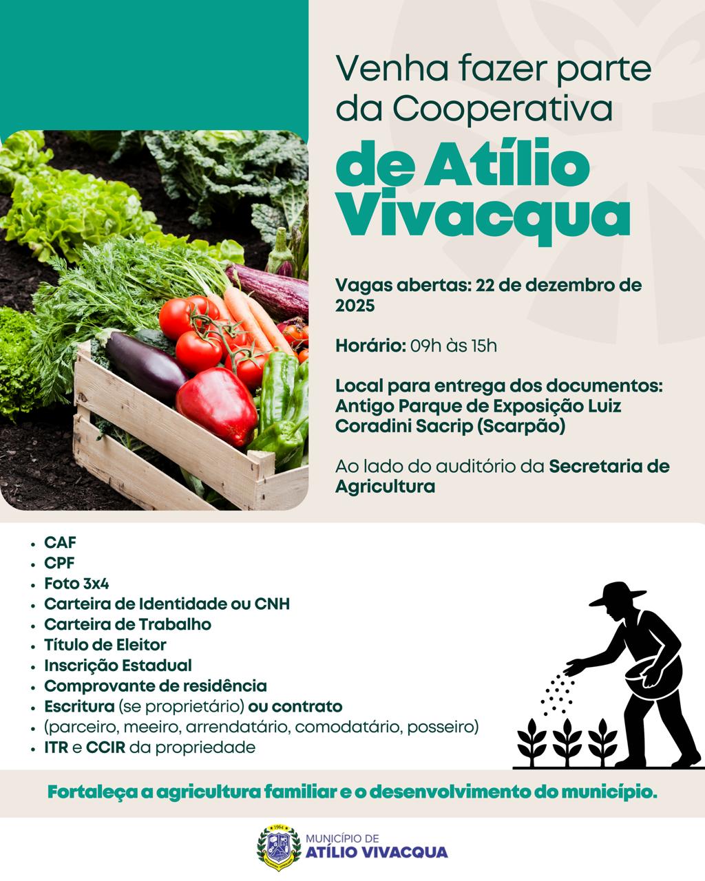 Estão abertas as vagas para fazer parte da Cooperativa de Atilio Vivacqua